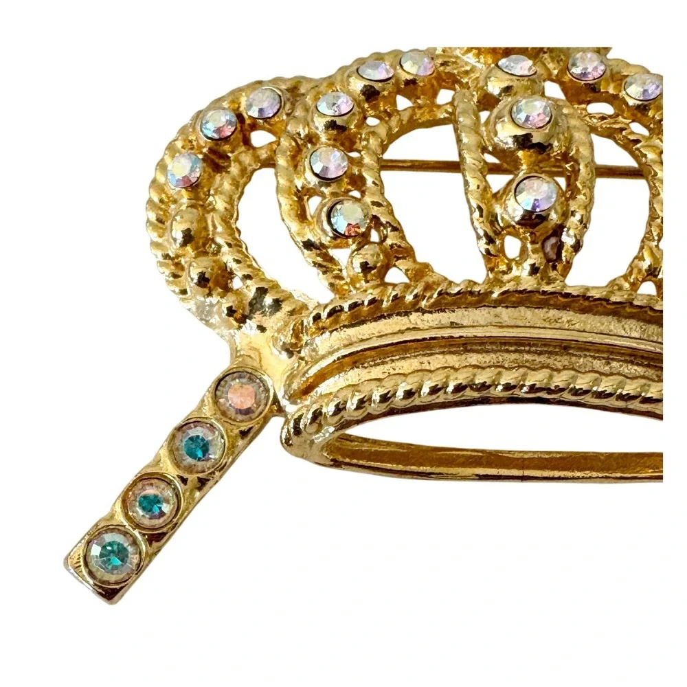 Vintage Gold Sparkly‎ Aurora Borealis Crown Pin Brooch, Princess, Queen, Sparkly